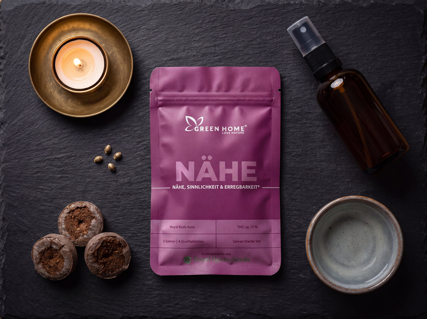 NÄHE Cannabis Starter Set komplett – 3 Samen, 4 Quelltabletten bei warmem Kerzenlicht