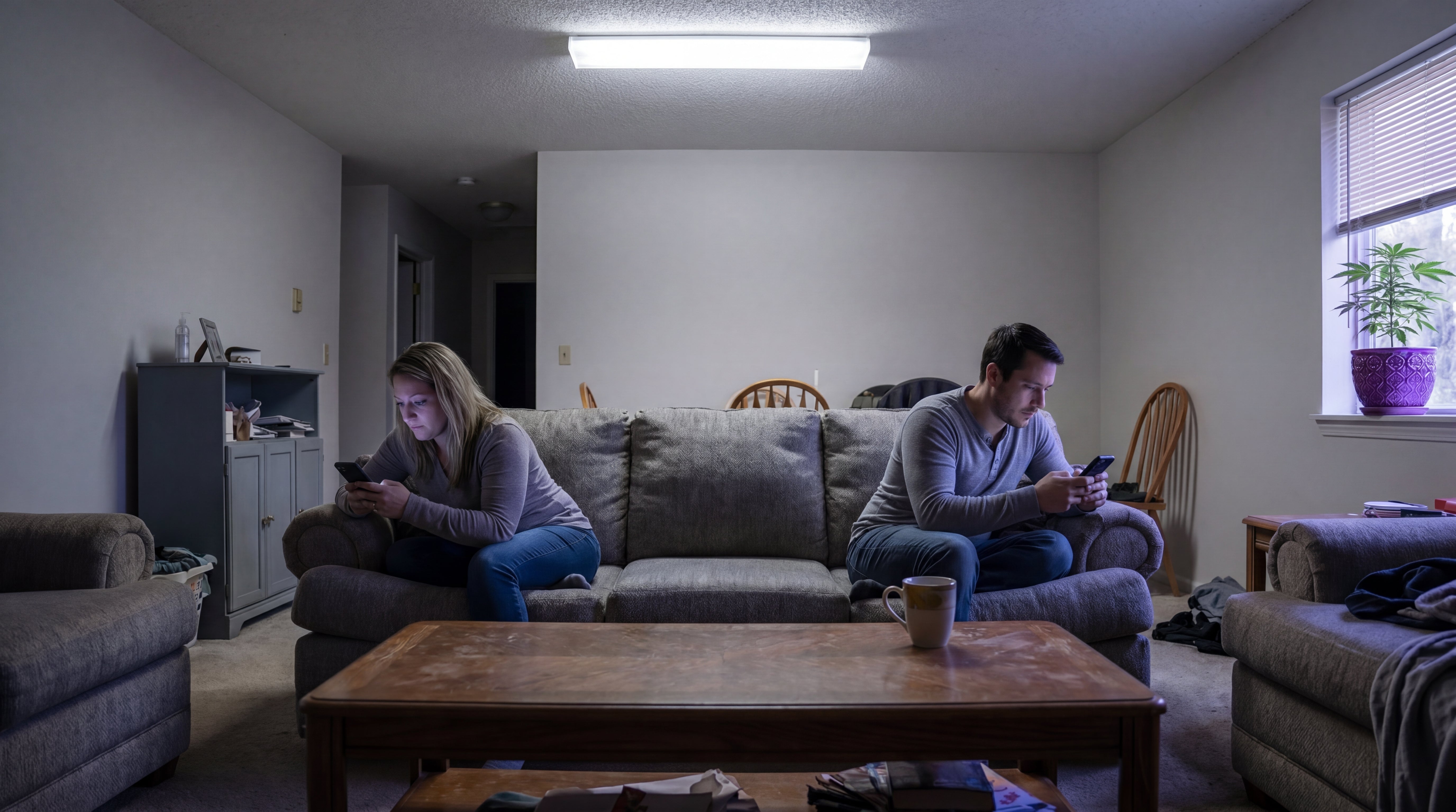Paar sitzt distanziert auf Sofa und schaut auf Handys – Vorher-Bild NÄHE