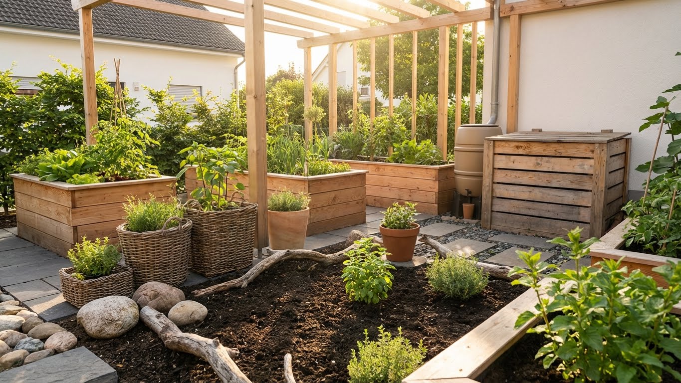 Garten mit mehreren Hochbeeten, Komposter und bepflanzten Kübeln in naturnaher Gestaltung.