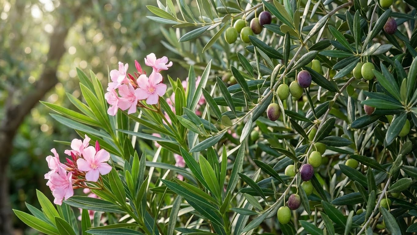 Nahaufnahme von Oleanderblüten und einem Olivenzweig mit grünen und dunklen Oliven