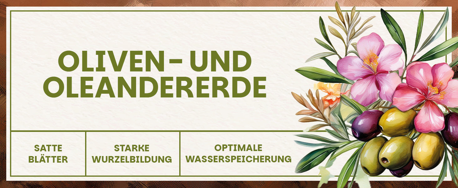 Grafische Darstellung mit der Aufschrift Oliven- und Oleandererde sowie Illustration von Oliven, Oleanderblüten und Blättern