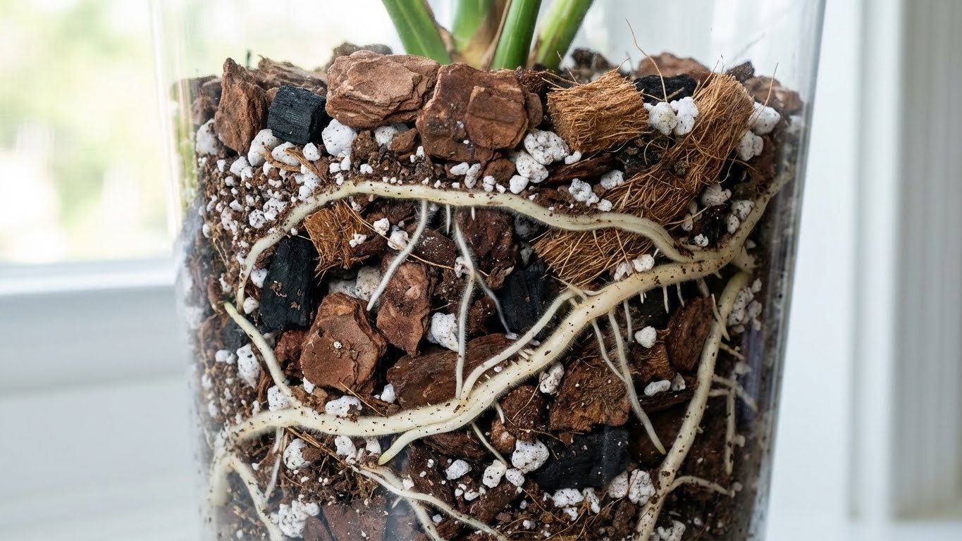 Detailaufnahme eines durchsichtigen Pflanzentopfs mit Orchideensubstrat aus Rindenstücken, Perlite und sichtbaren Wurzeln der Pflanze.