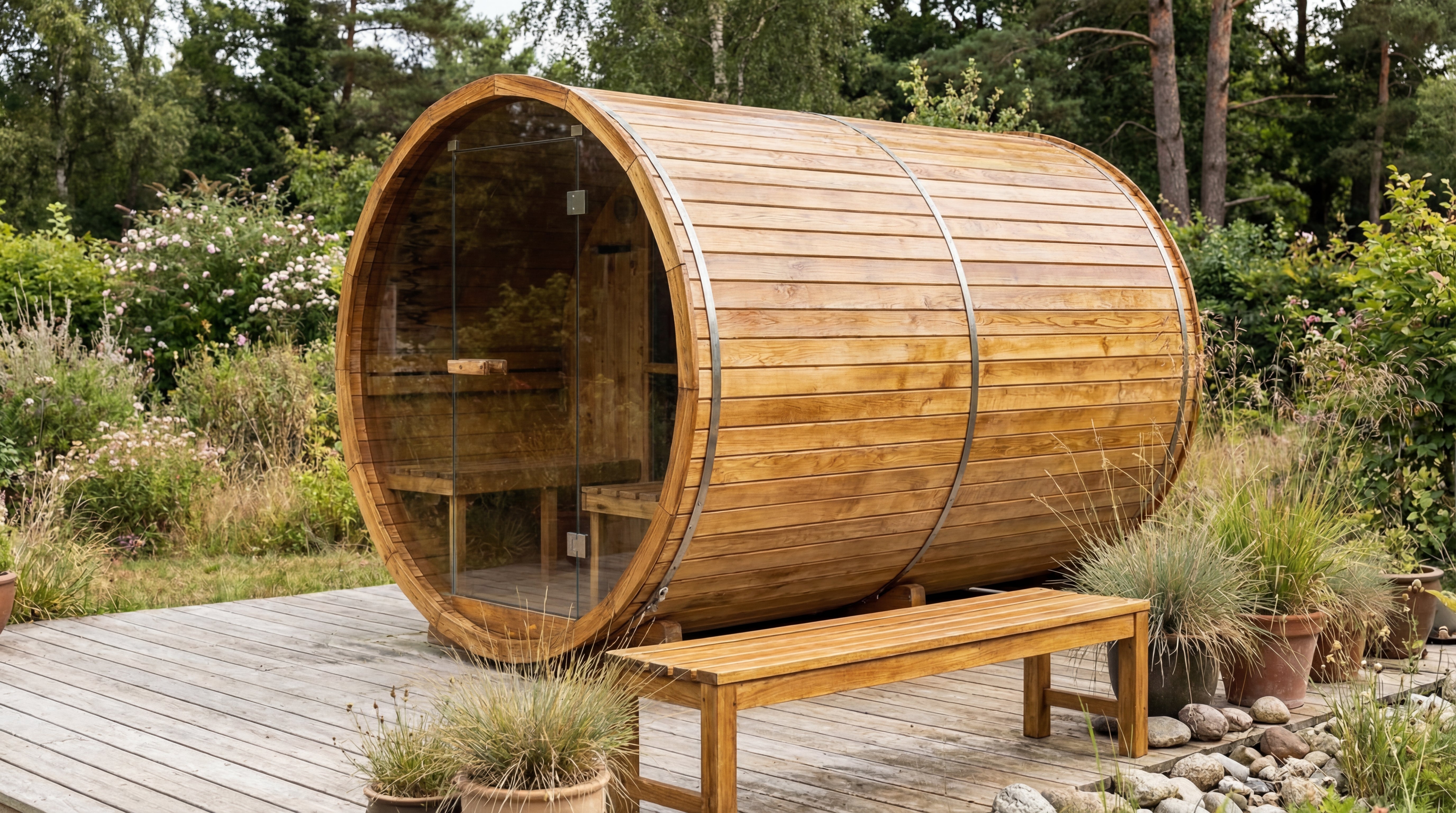 Neue Fasssauna aus hellem Holz mit Glastür auf einer Terrasse im Garten