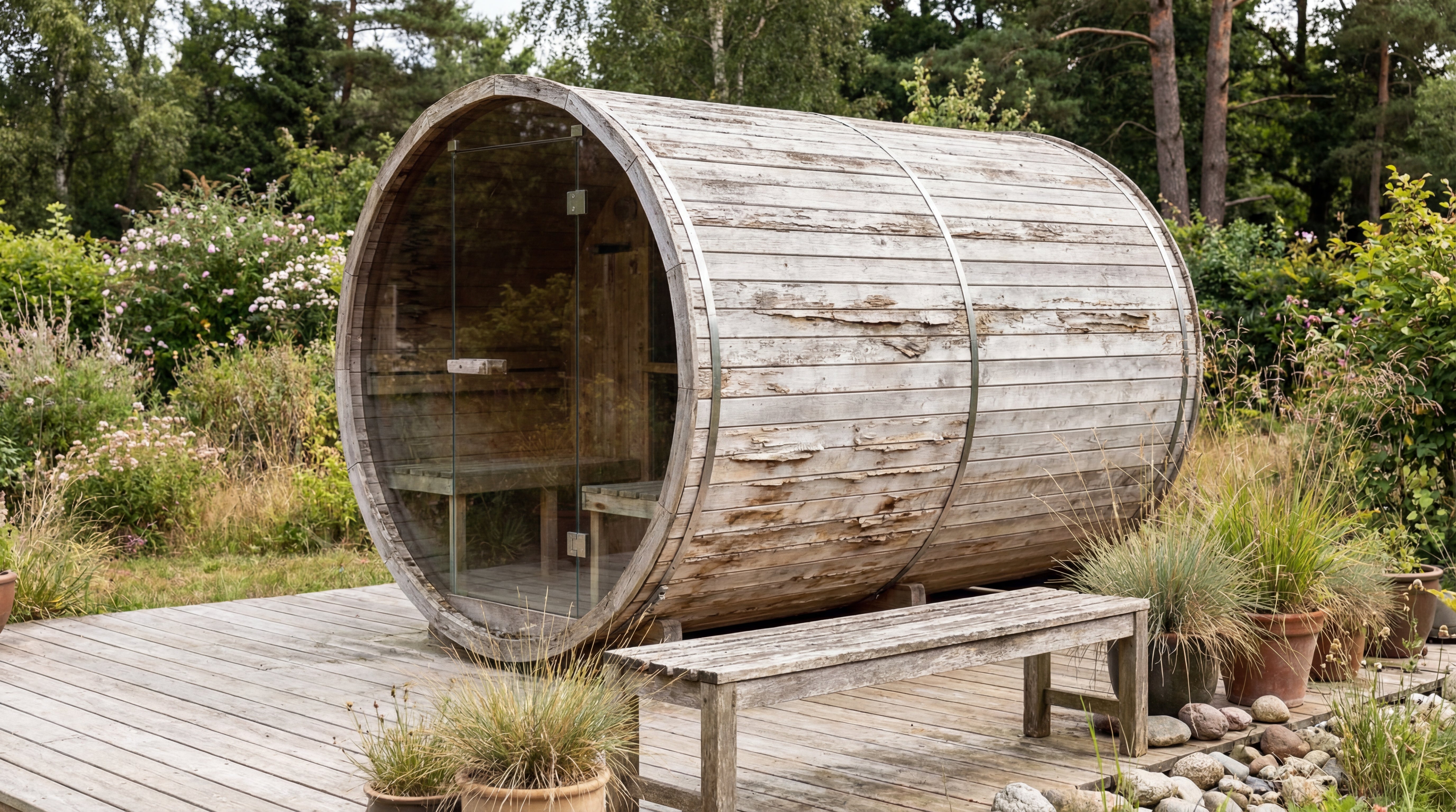 Verwitterte Fasssauna aus Holz mit Glastür auf einer Terrasse im Garten