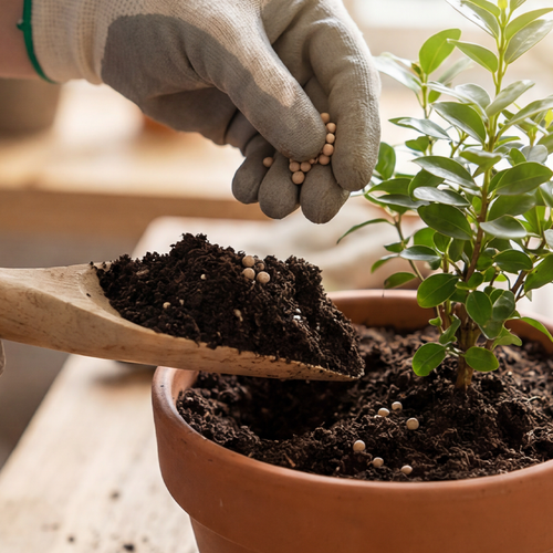 Eine behandschuhte Hand streut Düngerperlen in die Erde eines Blumentopfs neben einer kleinen grünen Pflanze.