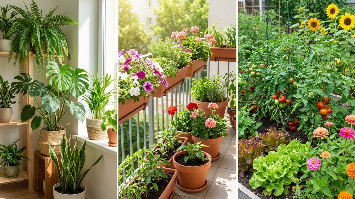 Bildübersicht mit Zimmerpflanzen, bepflanztem Balkon und Gemüsebeet im Garten als verschiedene Einsatzbereiche