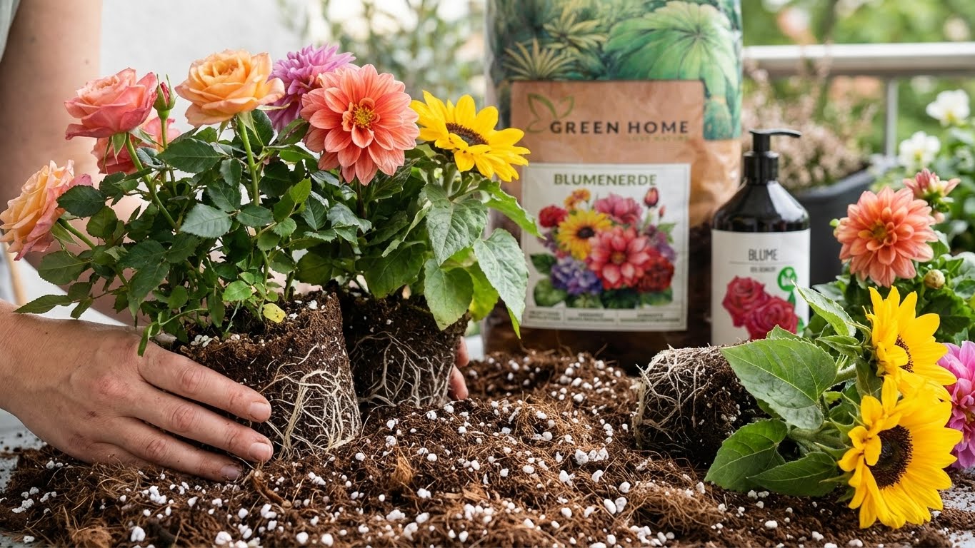 Blumen umtopfen mit Green Home Blumenerde und Bio-Dünger für kräftige Wurzeln und gesunde Blüten