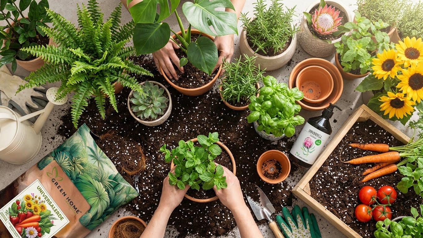 Top-down Ansicht verschiedener Zimmer- und Nutzpflanzen beim Einpflanzen mit Green Home Universalerde und Bio-Dünger.