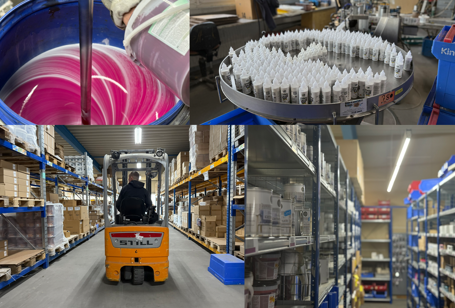 Collage mit Einblicken in die Herstellung und Logistik von Window-Color-Farben: oben links das Anmischen pinker Farbe in einem großen Behälter, oben rechts abgefüllte Flaschen auf einem Rundtisch in der Produktion; unten links ein Gabelstapler im Lager zwischen Regalen, unten rechts gefüllte Lagerregale mit Farbprodukten.