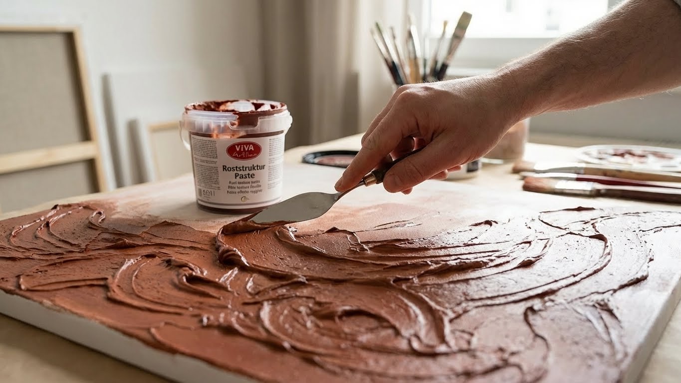 Auftragen der Viva Decor Roststruktur Paste mit Spachtel auf Leinwand – cremige Konsistenz für plastische Effekte