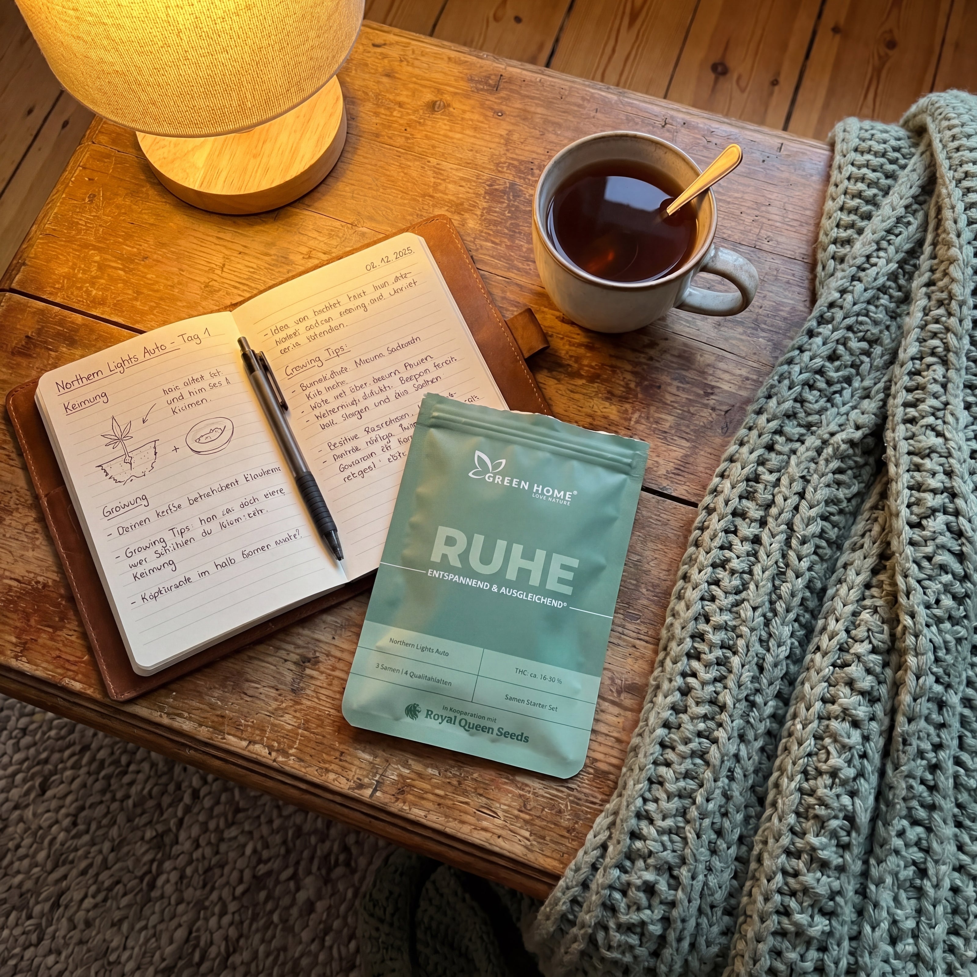Grow-Tagebuch neben RUHE Verpackung und Tee auf Couchtisch – authentisches Kundenfoto