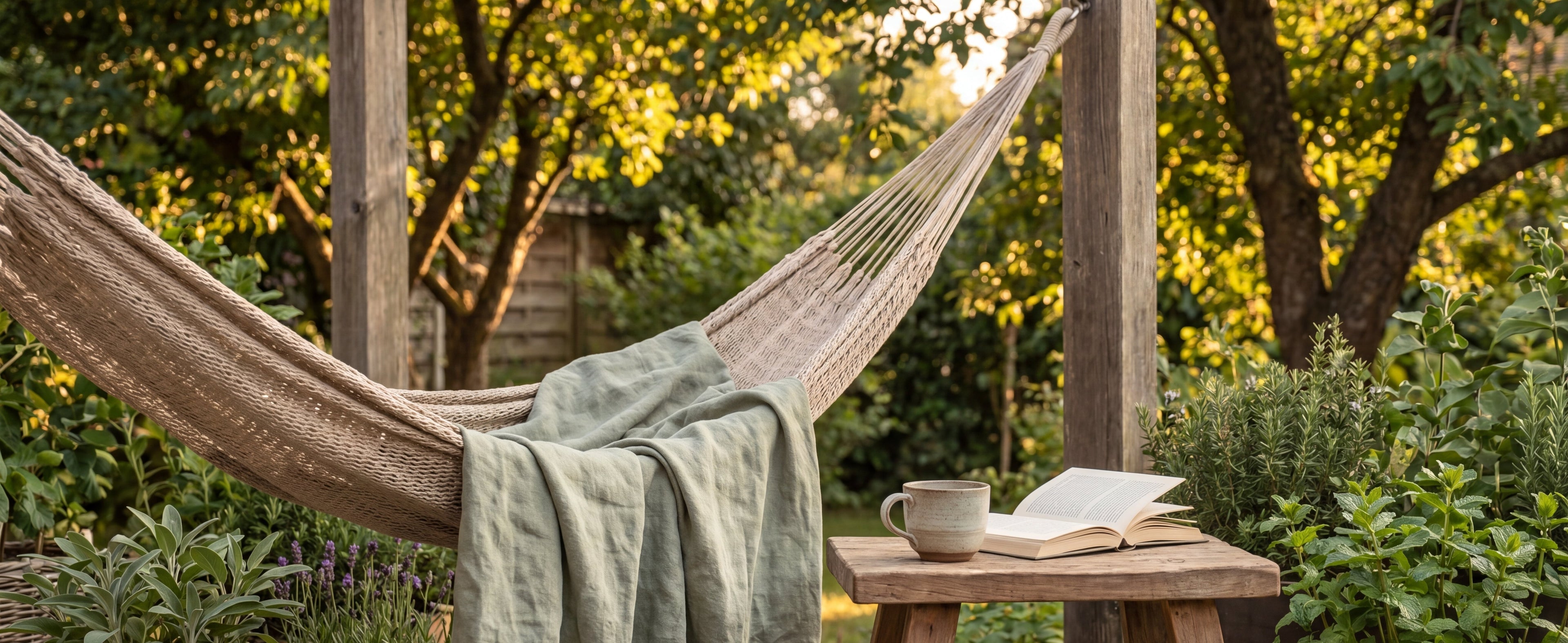 Friedliche Gartenszene mit Hängematte und Tee bei Sonnenuntergang – RUHE Starter Set A+ Banner