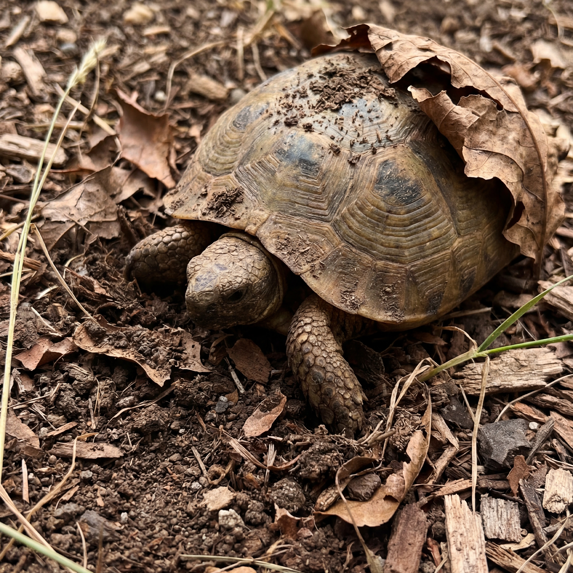 Landschildkröte gräbt sich in lockere, formstabile Erde mit Laub und Naturmaterialien ein