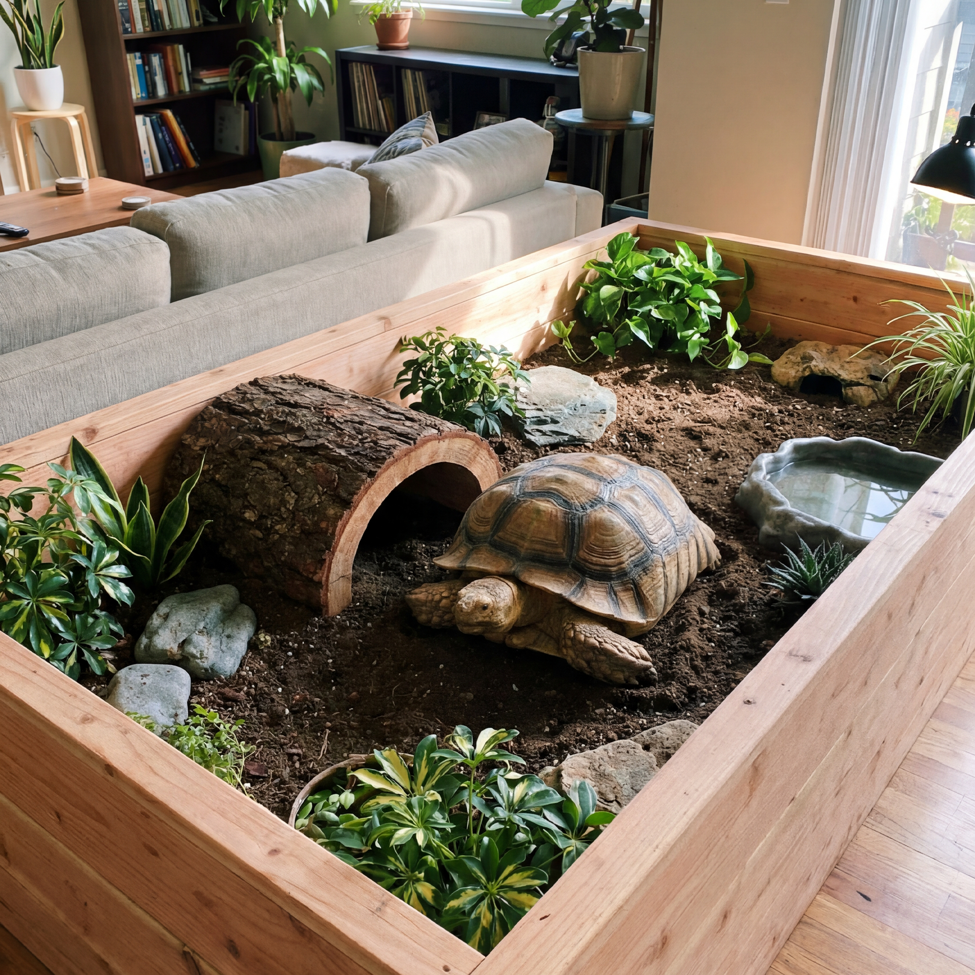 Landschildkröte in großem Innengehege mit natürlichem Bodensubstrat und Versteckmöglichkeiten