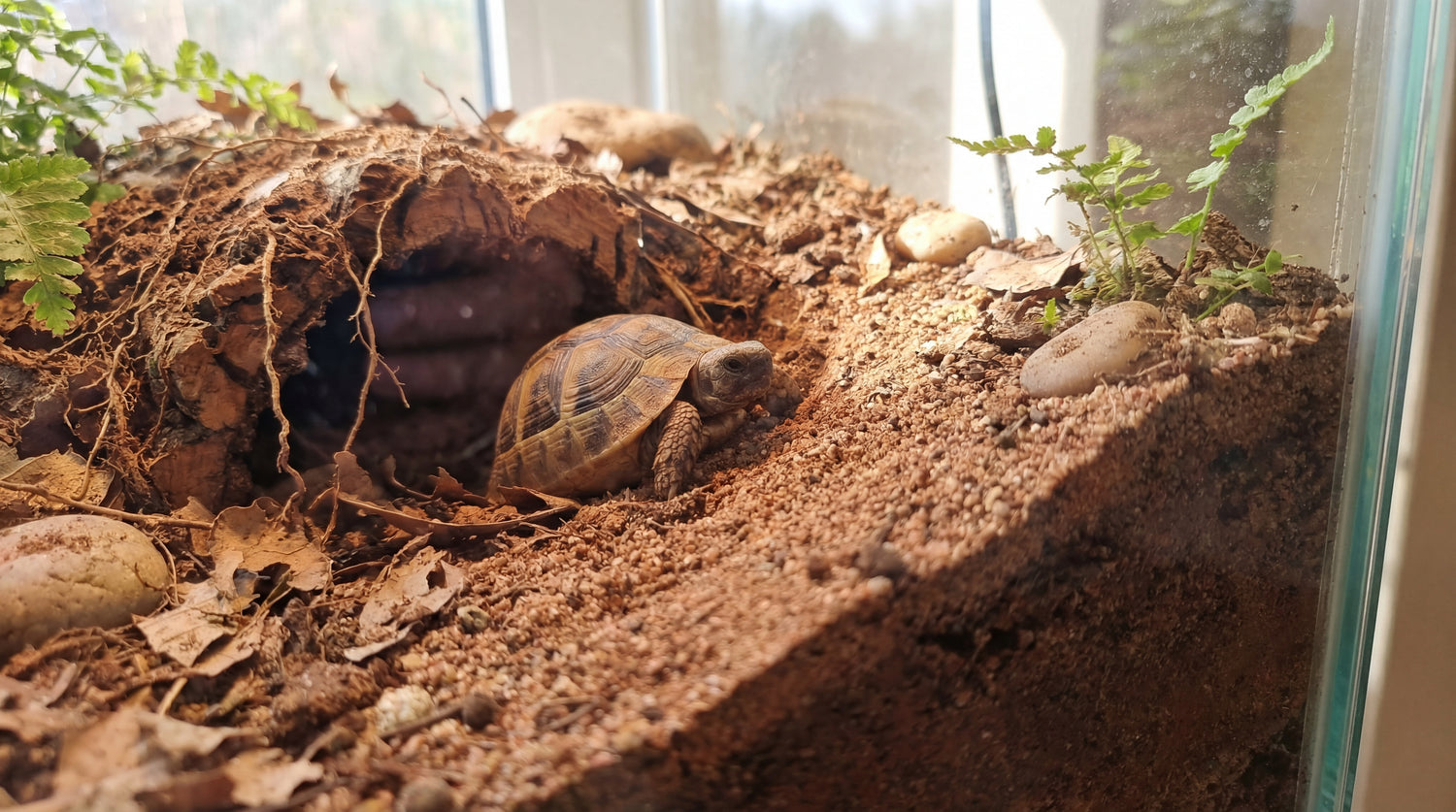 Schildkröte im Terrarium mit grabfähigem Substrat und stabiler Höhle aus Naturboden