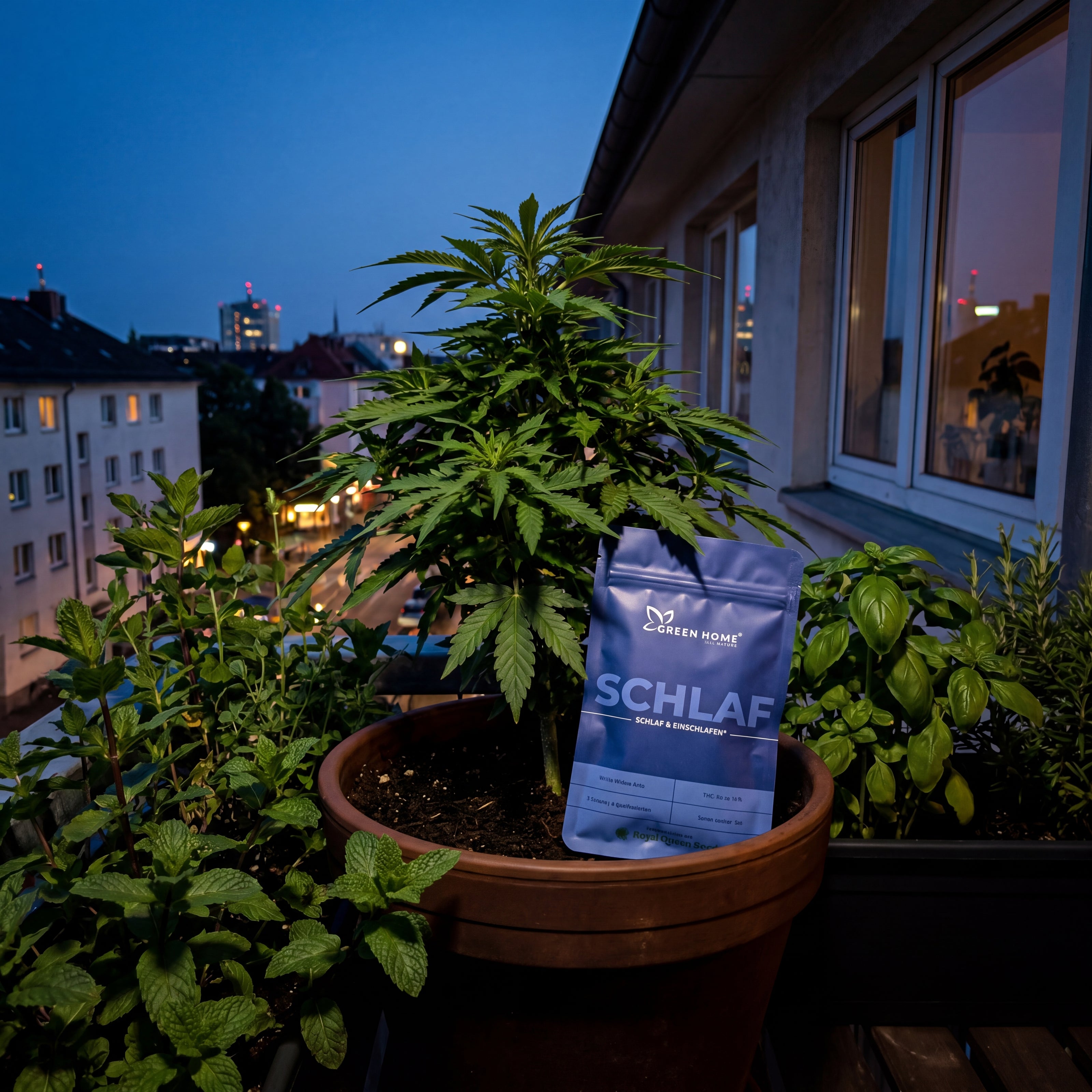Kompakte White Widow Auto Pflanze diskret auf Stadtbalkon bei Dämmerung – Kundenfoto