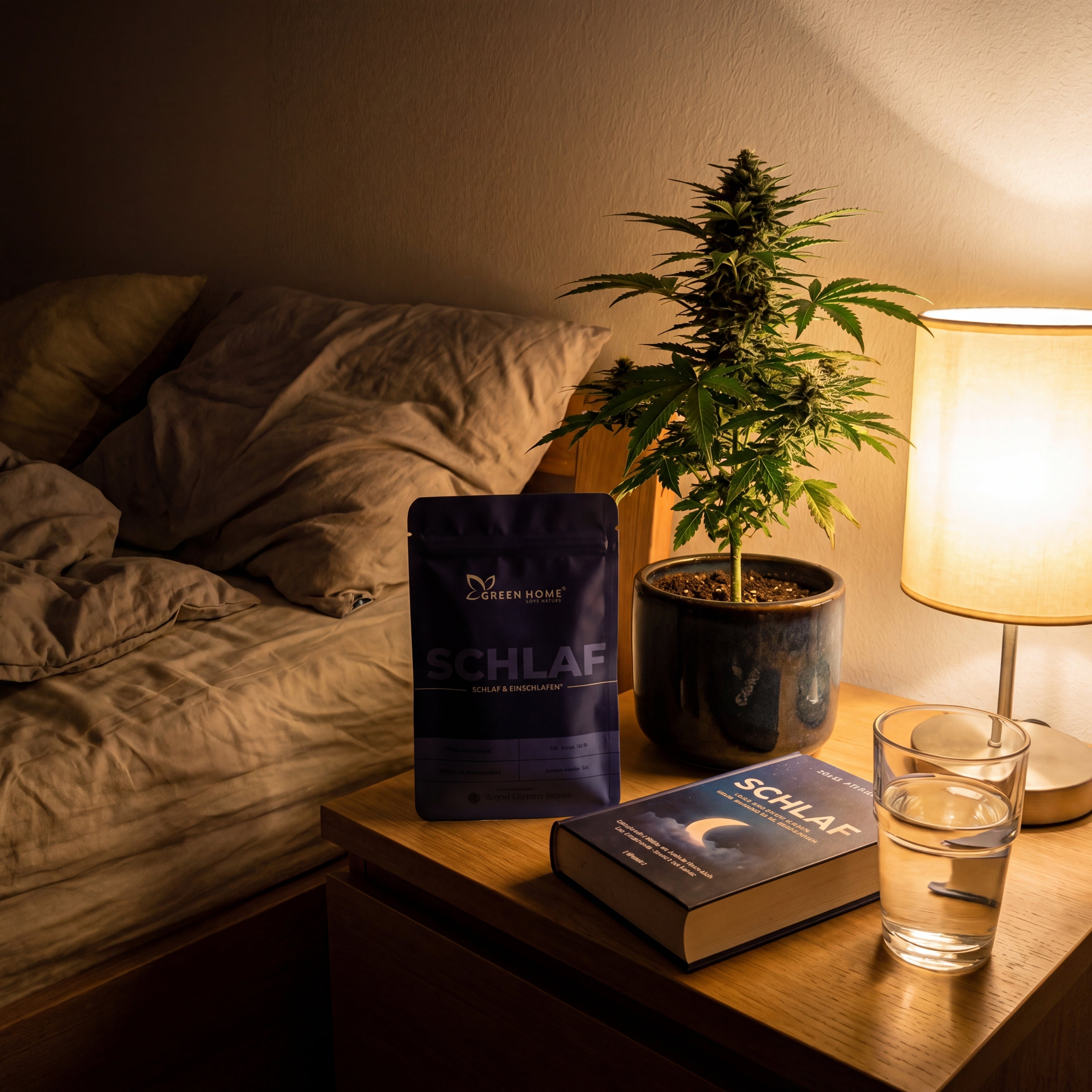 Kompakte Cannabis-Pflanze auf Nachttisch neben SCHLAF Verpackung und Buch – Kundenfoto