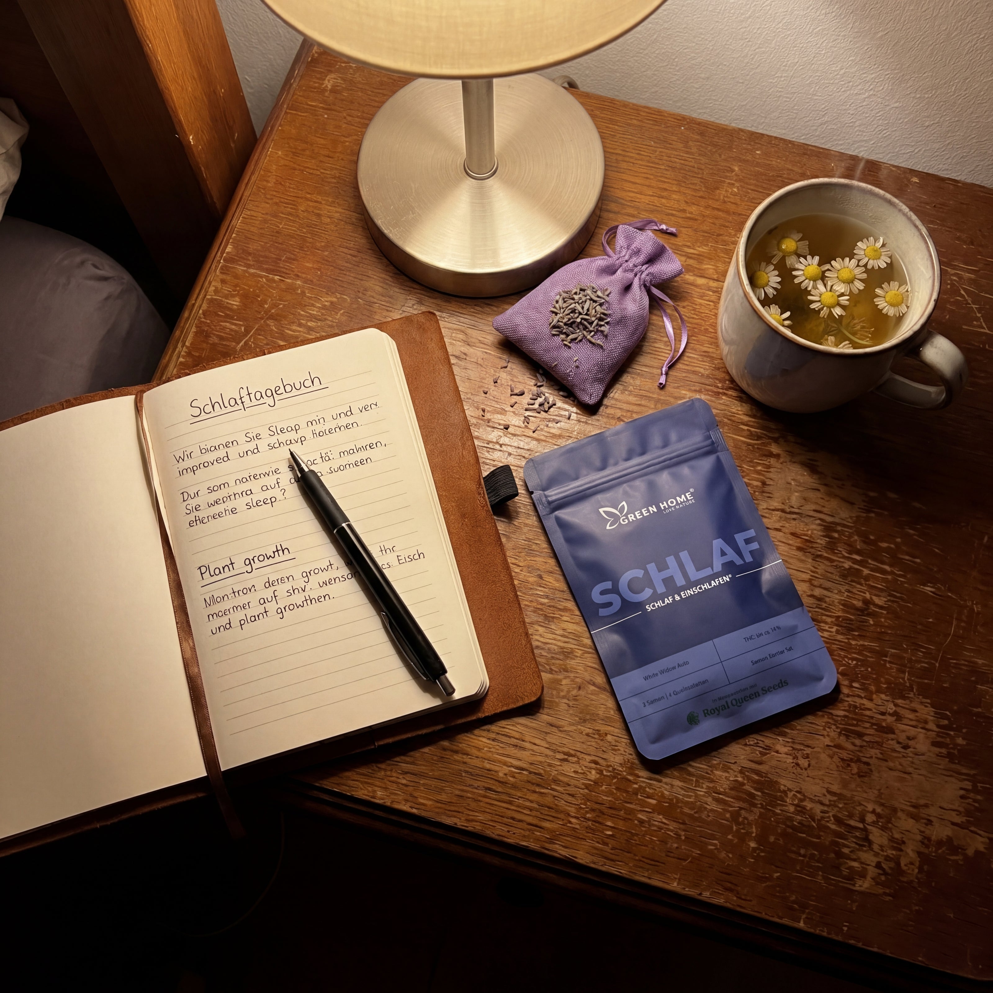 Schlaftagebuch neben SCHLAF Verpackung, Lavendel und Kamillentee – authentisches Kundenfoto