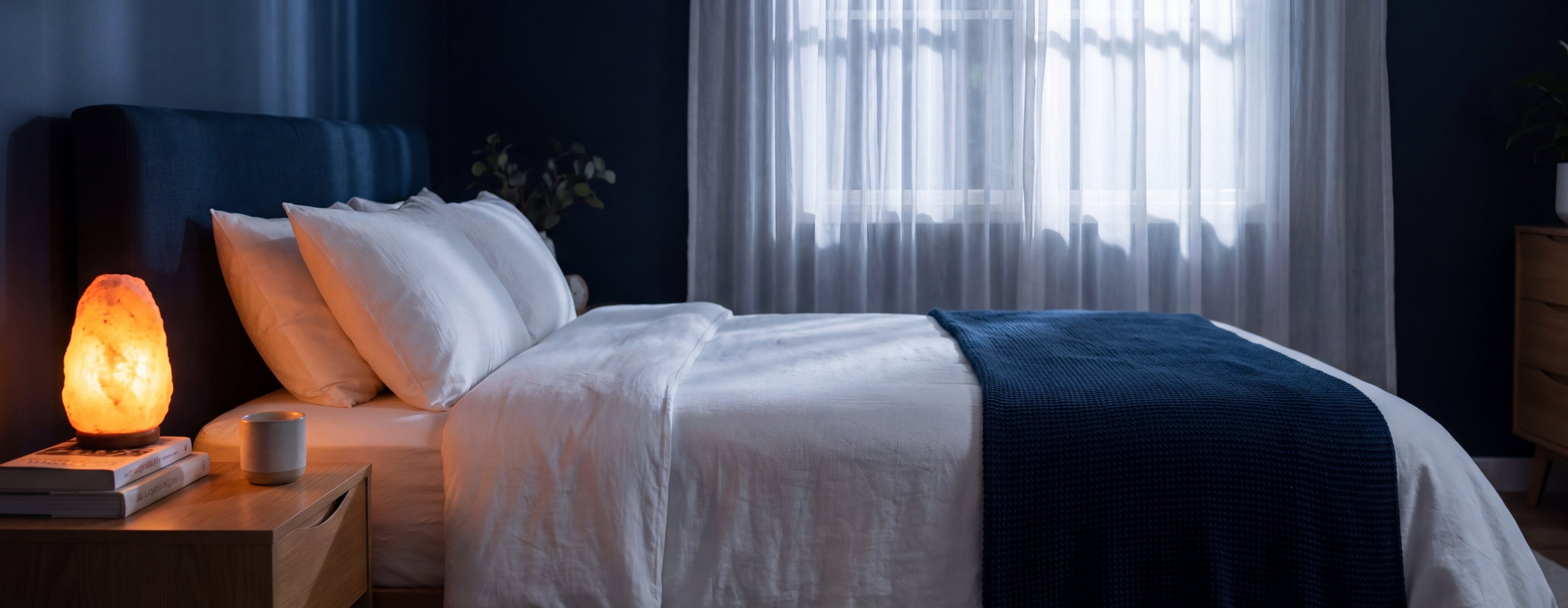 Ruhiges Schlafzimmer bei Nacht mit Salzlampe und Mondlicht – SCHLAF Starter Set A+ Banner