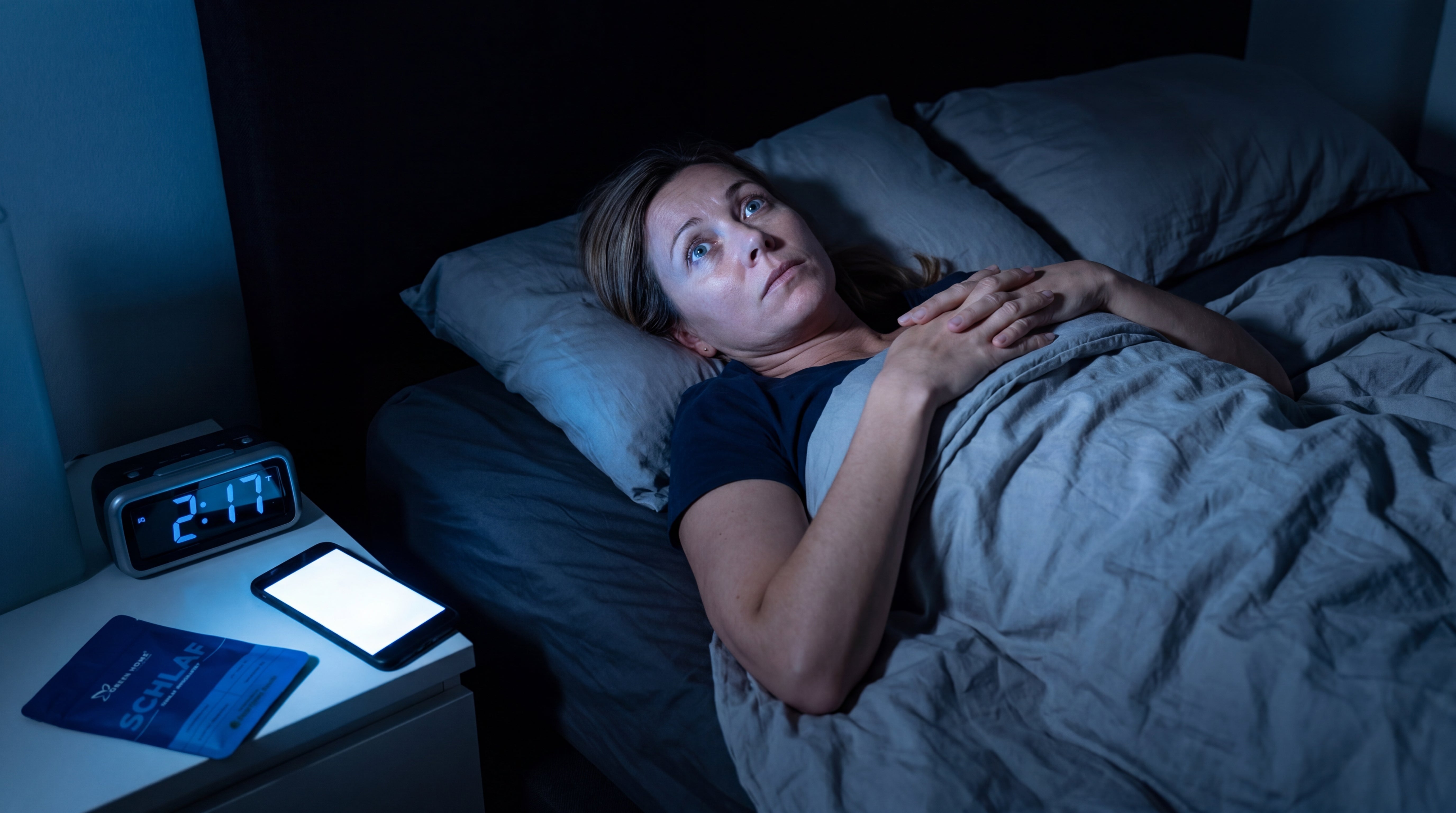 Frau liegt schlaflos mit offenen Augen im Bett um 2 Uhr nachts – Vorher-Bild SCHLAF