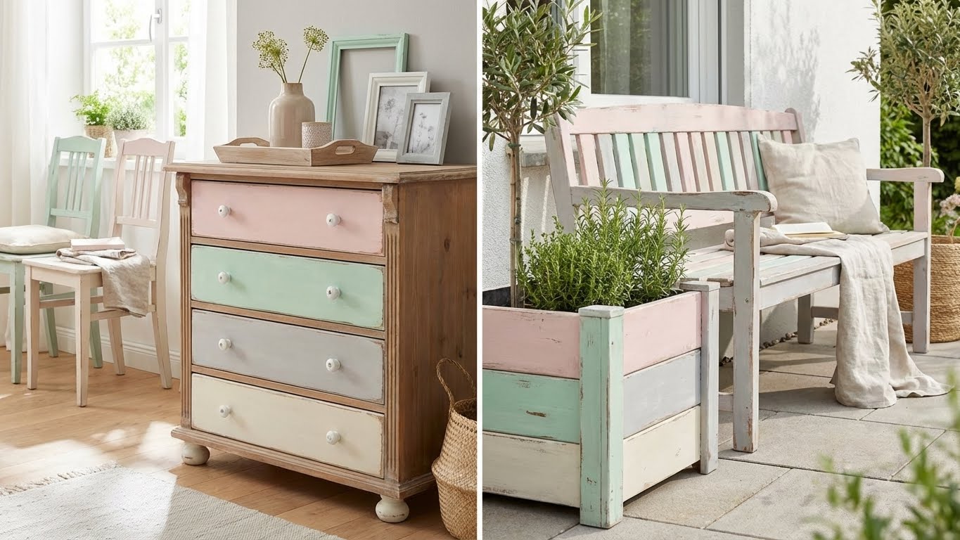 Shabby Chic Gartenbank gestrichen mit Kreidefarbe im Außenbereich