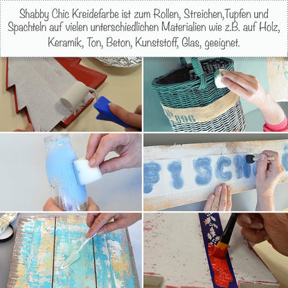 Anwendung der Shabby Chic Kreidefarbe auf Holz, Glas und Keramik durch Rollen, Streichen und Tupfen