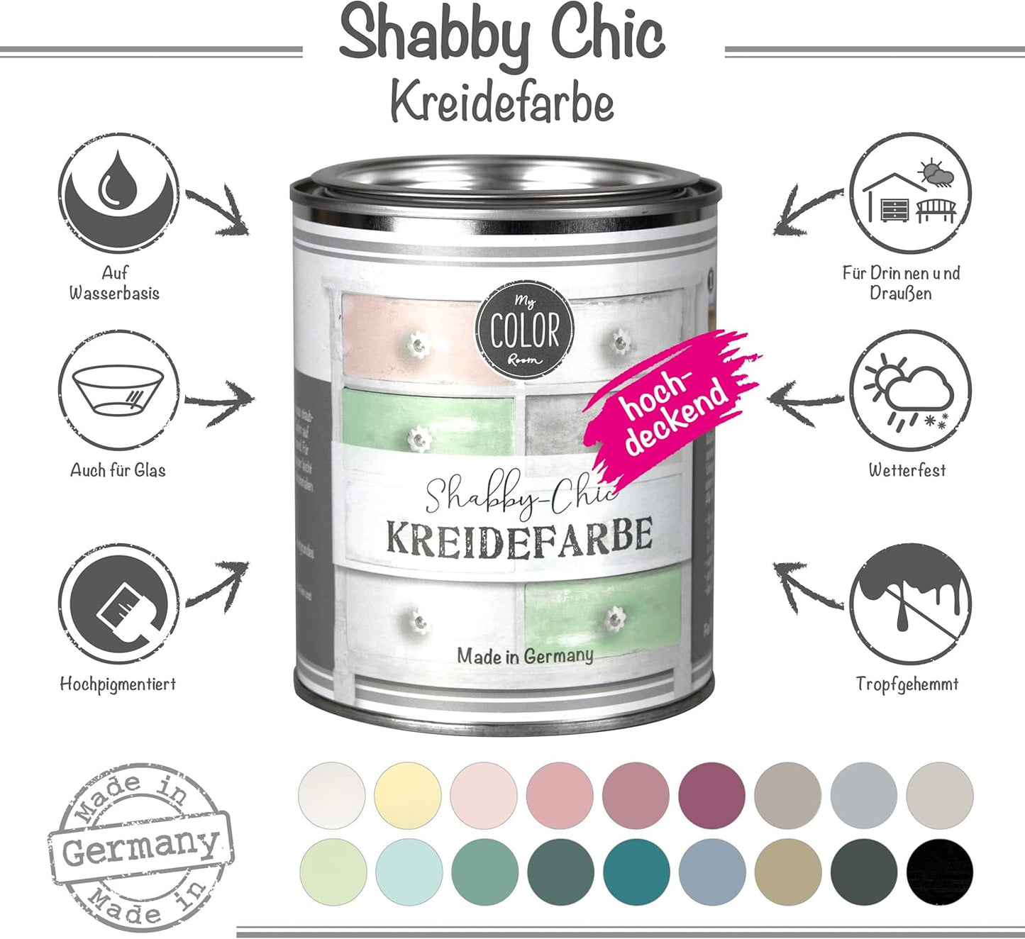 Shabby Chic Kreidefarbe Dose – hochdeckende Kreidefarbe auf Wasserbasis für Möbel, Deko und DIY, Made in Germany