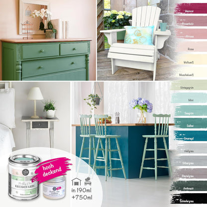 Shabby Chic Kreidefarbe Farbpalette mit gestrichenen Möbeln, Stühlen und Deko im Vintage- und Landhausstil