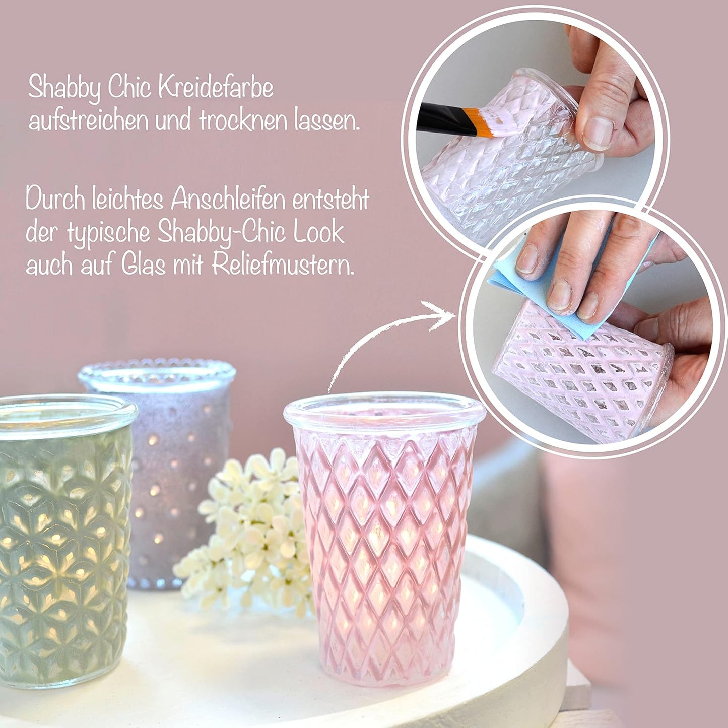 Shabby Chic Kreidefarbe auf Glas mit Relieffläche – typischer Shabby-Chic-Look durch leichtes Anschleifen