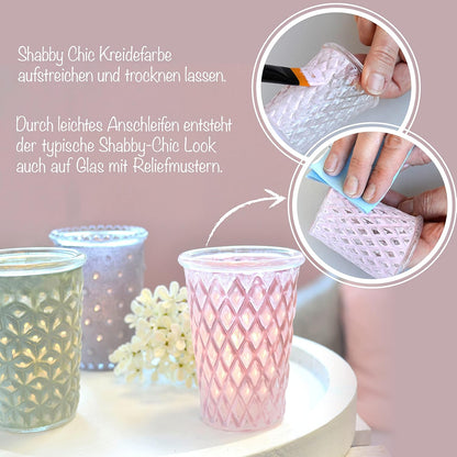Shabby Chic Kreidefarbe auf Glas mit Relieffläche – typischer Shabby-Chic-Look durch leichtes Anschleifen