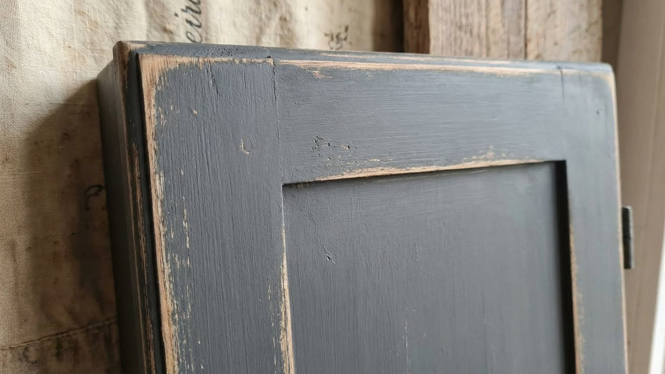 Möbelfront im Shabby Chic Stil in Grau mit sichtbaren Gebrauchsspuren und abgeschliffenen Kanten.
