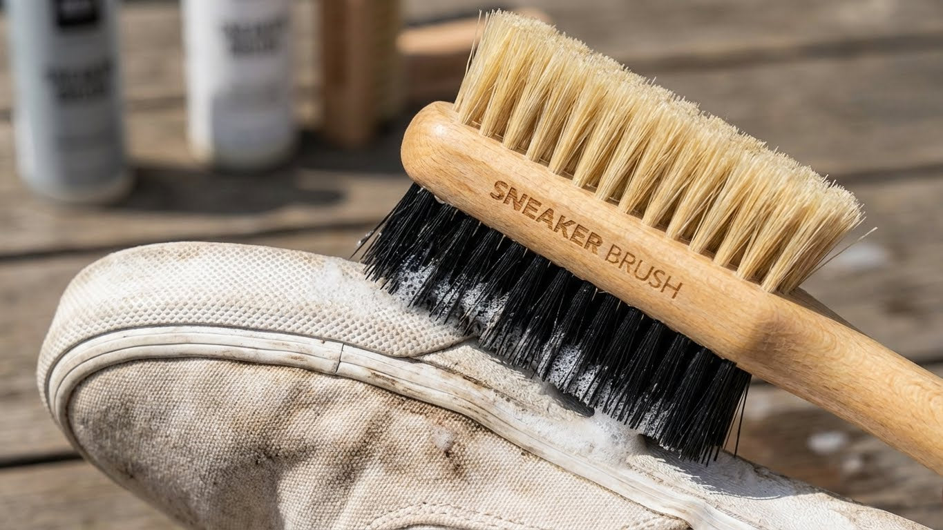 Sneaker Brush mit Holzgriff und zweifarbigen Borsten bei der Reinigung eines stark verschmutzten weißen Sneakers auf Holztisch.