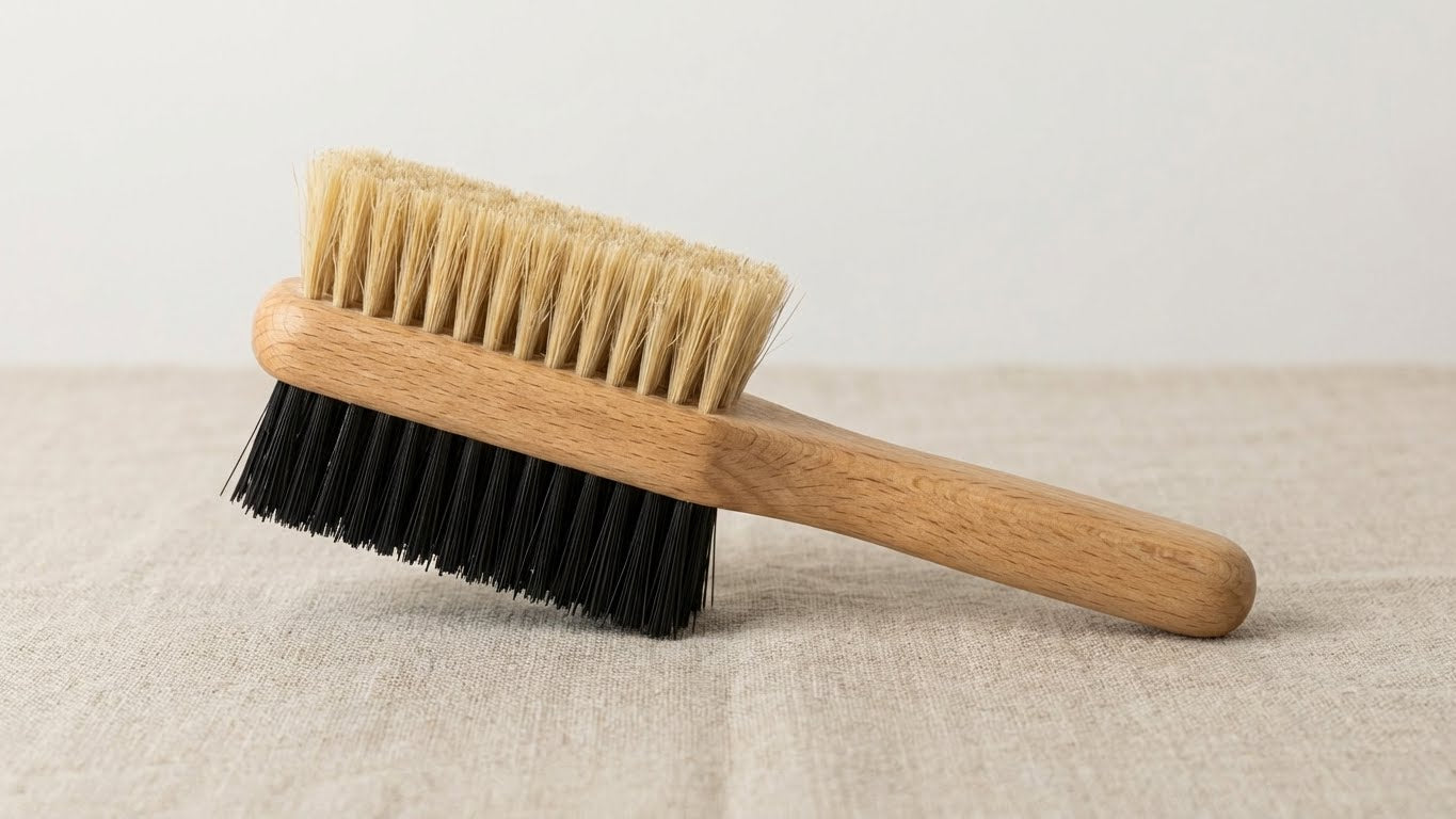 Sneaker Brush 2-in-1 Reinigungsbürste freigestellt auf hellem Stoffhintergrund mit sichtbarem Holzgriff und hellen sowie dunklen Borsten.