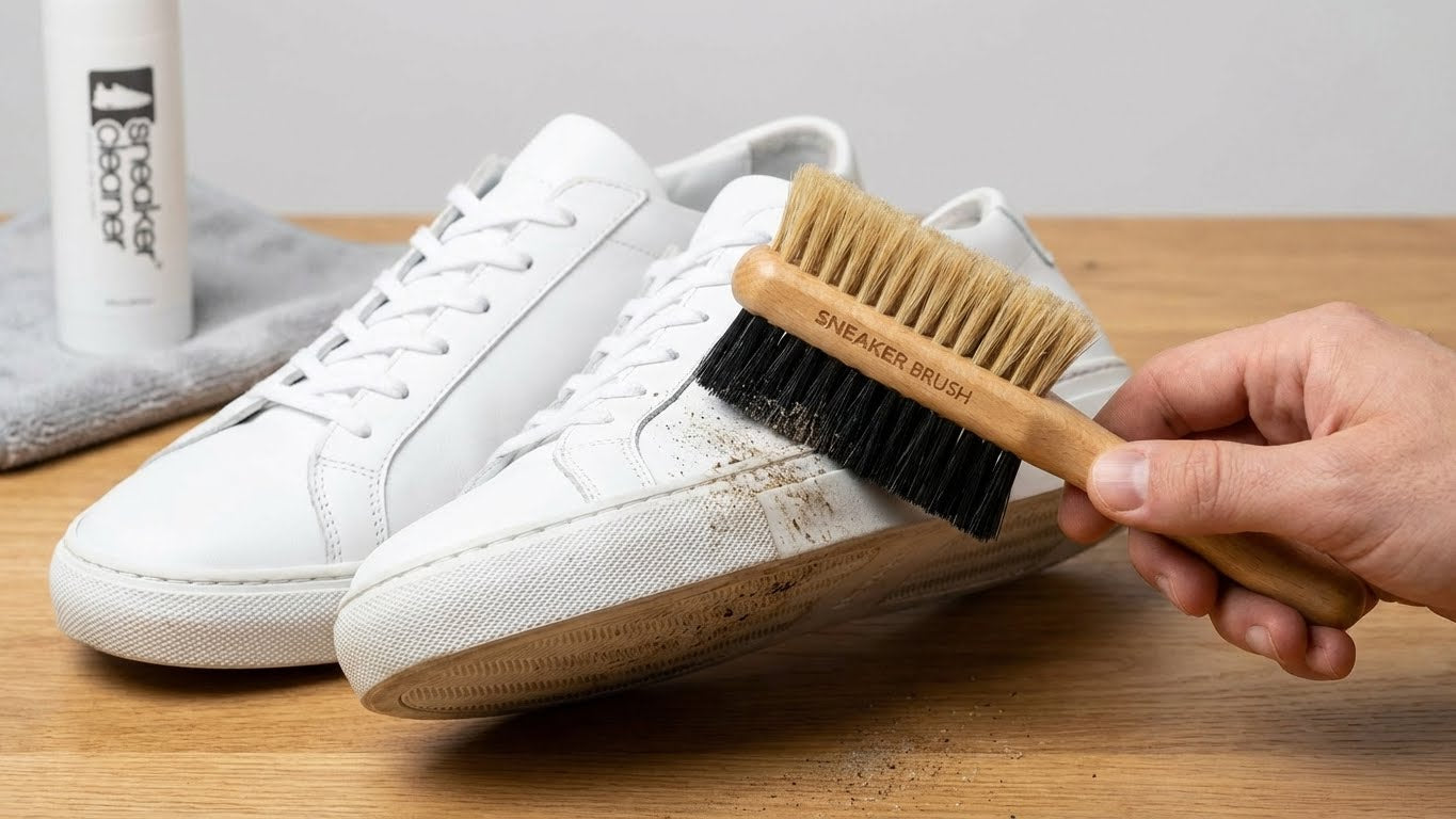 Sneaker Brush in der Hand bei der schonenden Reinigung eines weißen Sneakers mit schwarzen Polyamidborsten zur Entfernung von Schmutz an der Sohle.