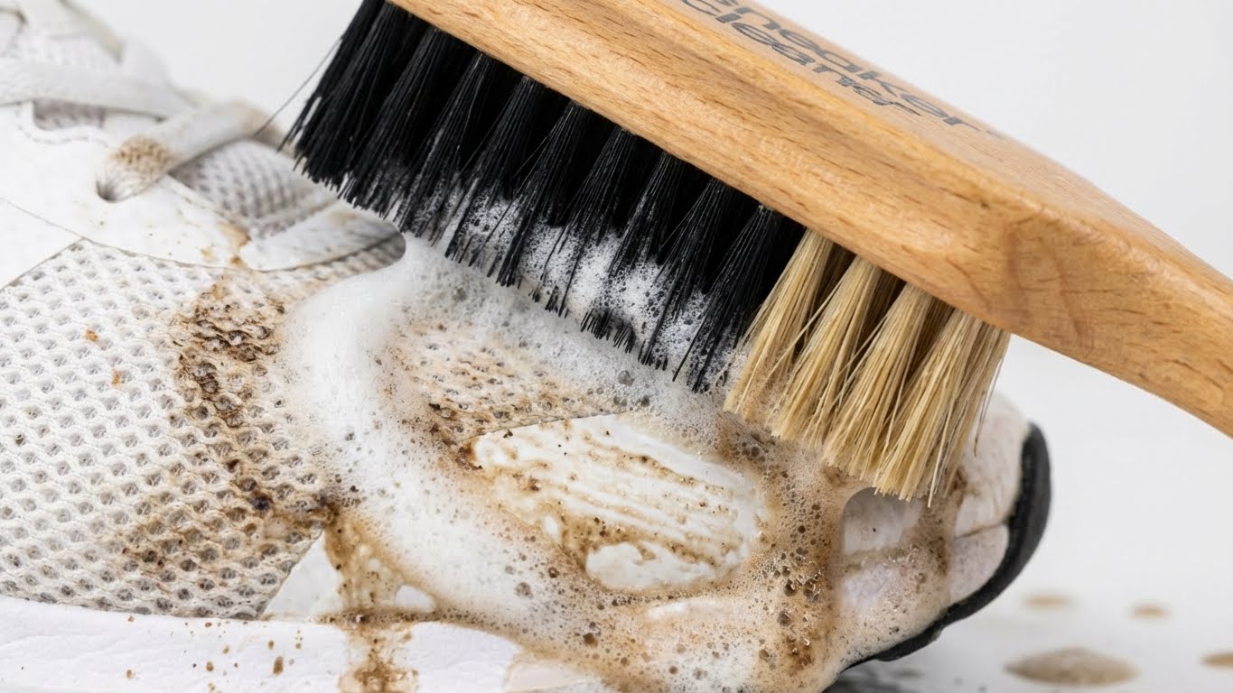 Nahaufnahme der Sneaker Cleaner Bürste mit Schaum bei der Reinigung eines stark verschmutzten Mesh-Sneakers.