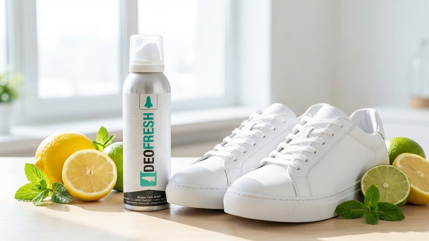 Sneaker Cleaner Deofresh Spray neben weißen Sneakern, inszeniert mit Zitrone, Limette und frischer Minze für einen frischen Citrusduft.
