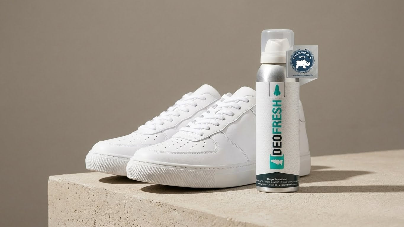 Sneaker Cleaner Deofresh Spray auf Podest neben weißen Sneakern mit FSC-Siegel, minimalistische Produktinszenierung.