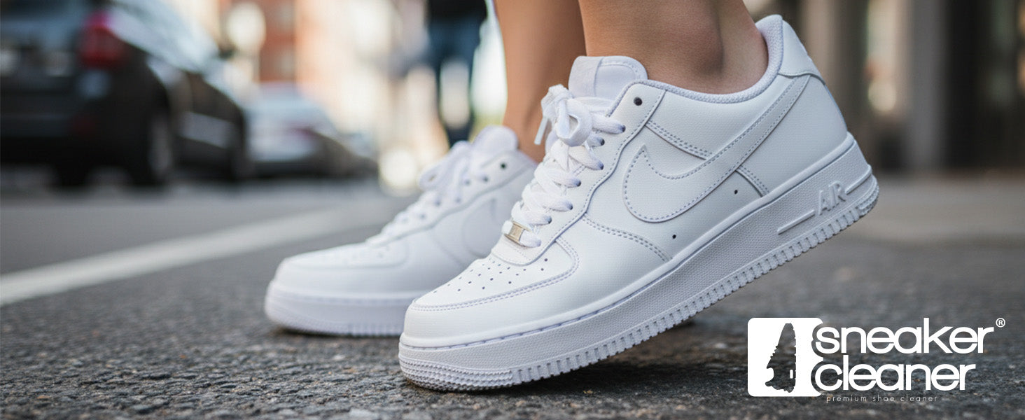Weiße, saubere Sneaker im urbanen Straßenumfeld getragen, mit sichtbarem Sneaker Cleaner Logo unten rechts im Bild.