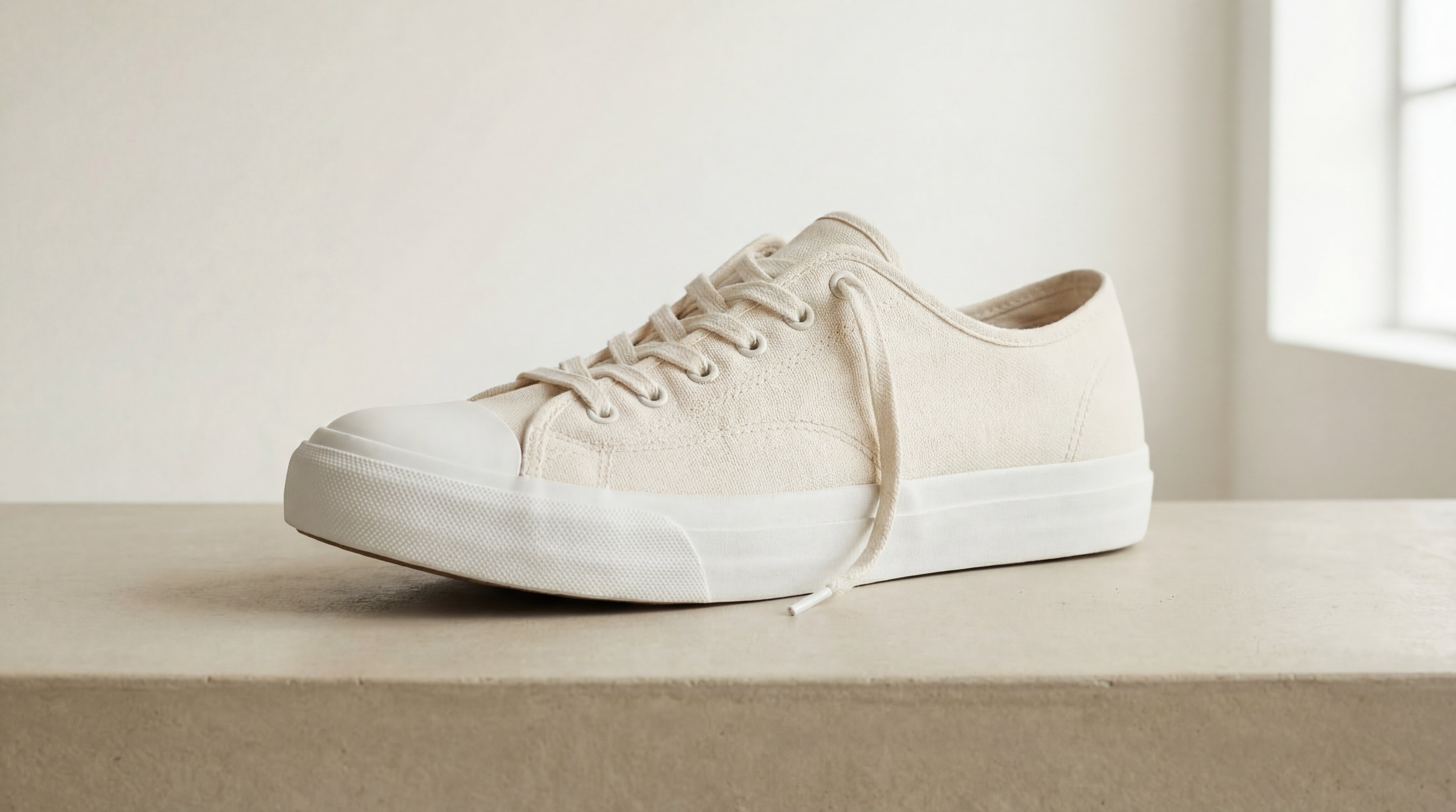 Gereinigter heller Canvas-Sneaker mit sauberem Obermaterial und aufgehellter Sohle nach der Anwendung des Sneaker Cleaners.