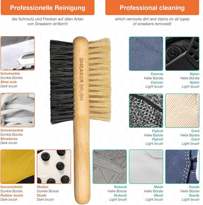 Sneaker Cleaner Premium Reinigungsbürste mit Darstellung der unterschiedlichen Einsatzbereiche für Sohlen, Schnürsenkel, Canvas, Nubuk, Mesh und weitere Materialien.