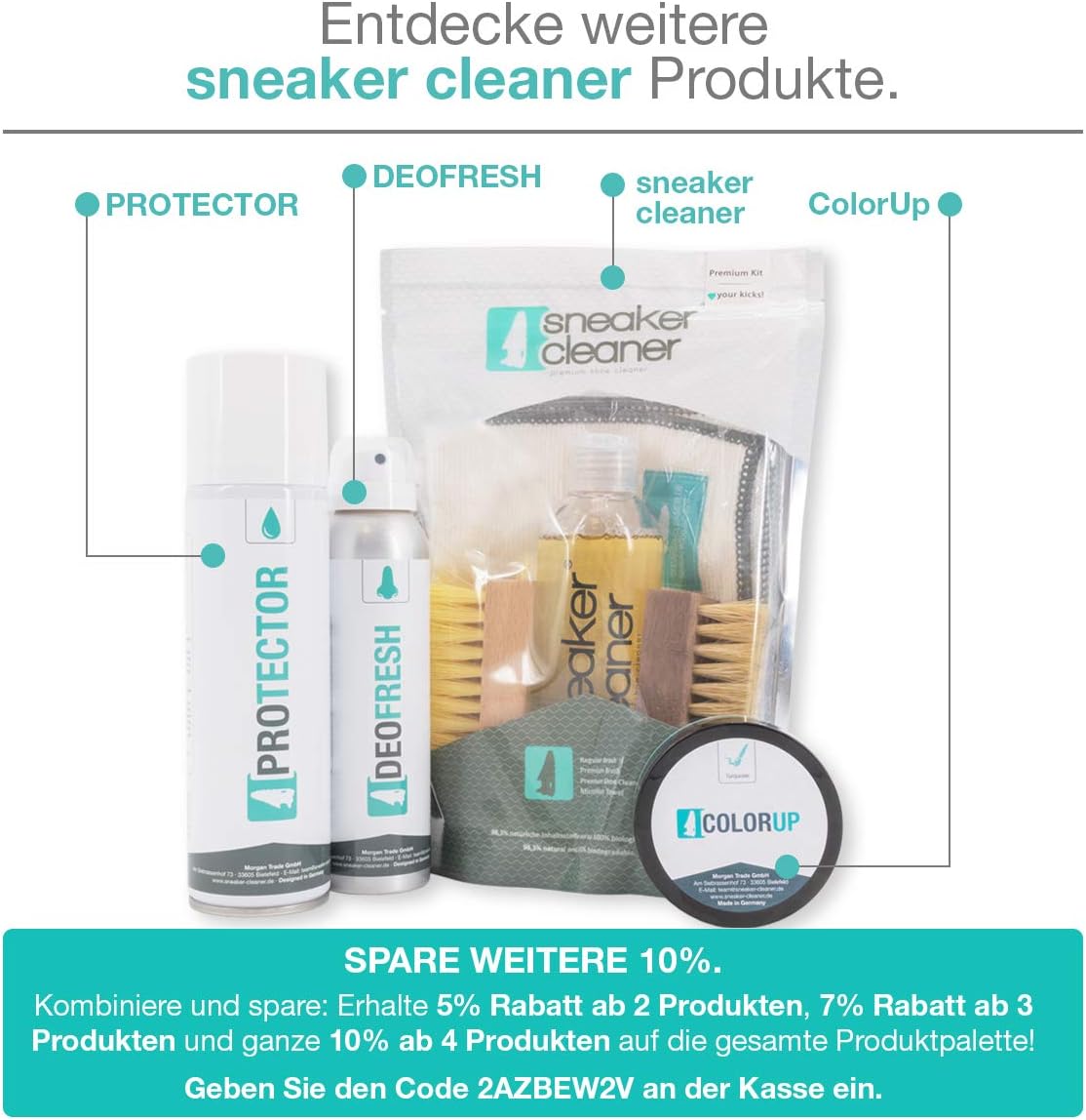 Sneaker Cleaner Produktübersicht mit Protector, Deofresh, ColorUp und Reinigungsset inklusive Hinweis auf kombinierbare Rabattaktion.