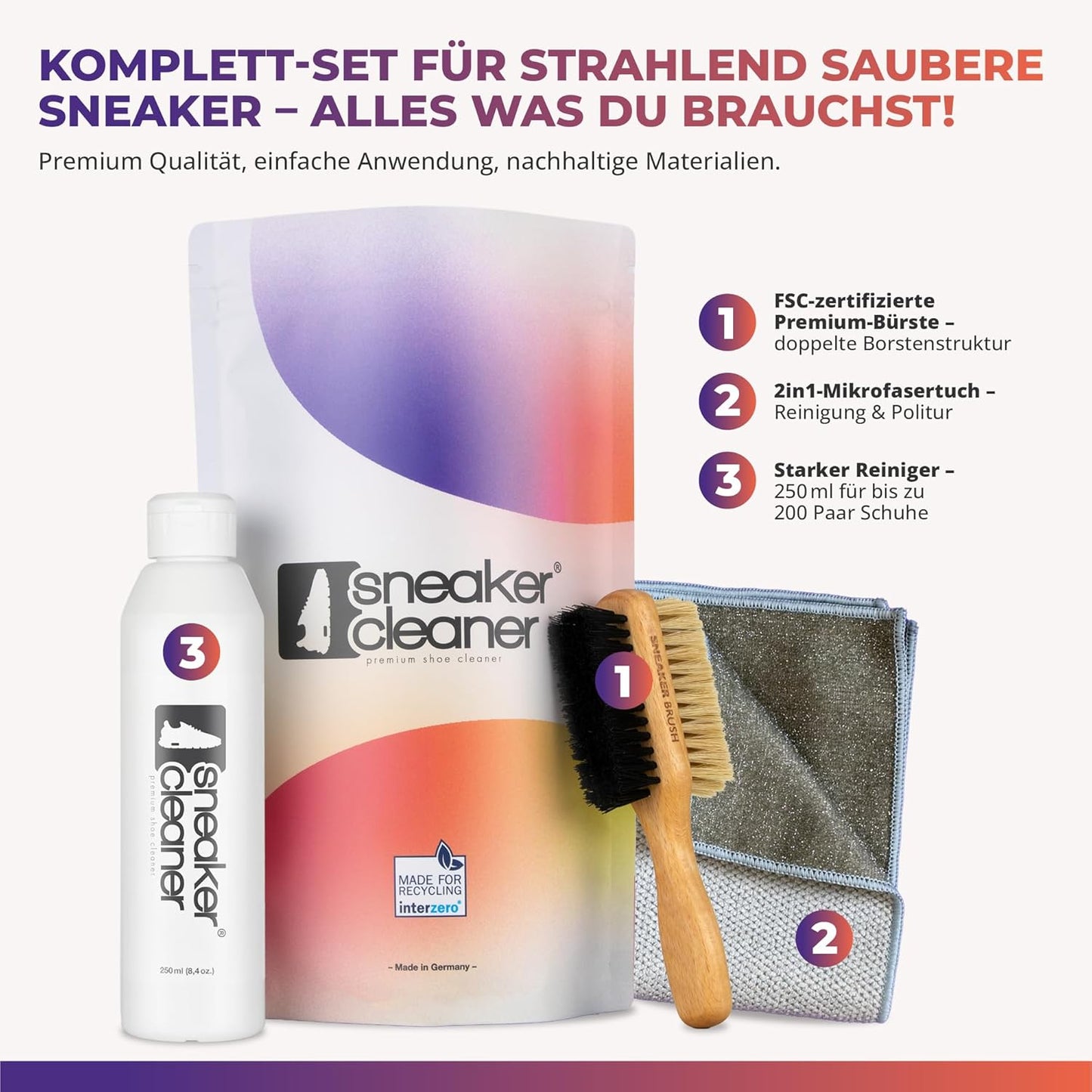 Übersicht des Sneaker Cleaner Reinigungssets mit gekennzeichneter Bürste, Mikrofasertuch und 250 ml Schuhreiniger für bis zu 200 Paar Schuhe.