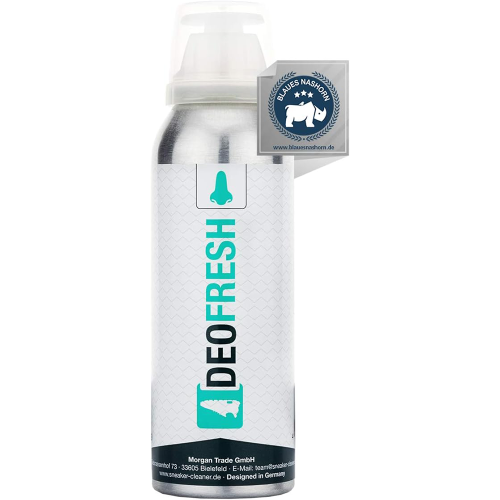 Sneaker Cleaner Schuhdeo Deofresh 125ml in silberner Sprühflasche mit weißem Pumpkopf und türkisfarbenem Logo auf hellem Hintergrund.