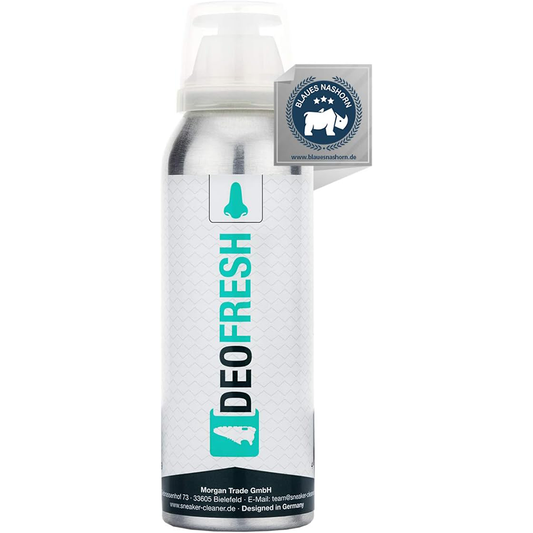Sneaker Cleaner Schuhdeo Deofresh 125ml in silberner Sprühflasche mit weißem Pumpkopf und türkisfarbenem Logo auf hellem Hintergrund.