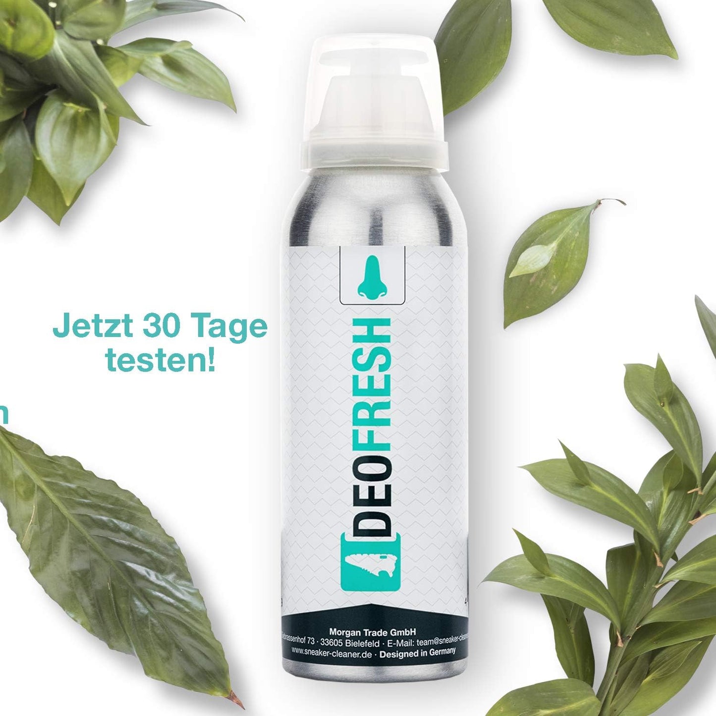Sneaker Cleaner Schuhdeo Deofresh 125ml mit Hinweis auf 30 Tage Testphase, dekorativ inszeniert mit grünen Blättern.