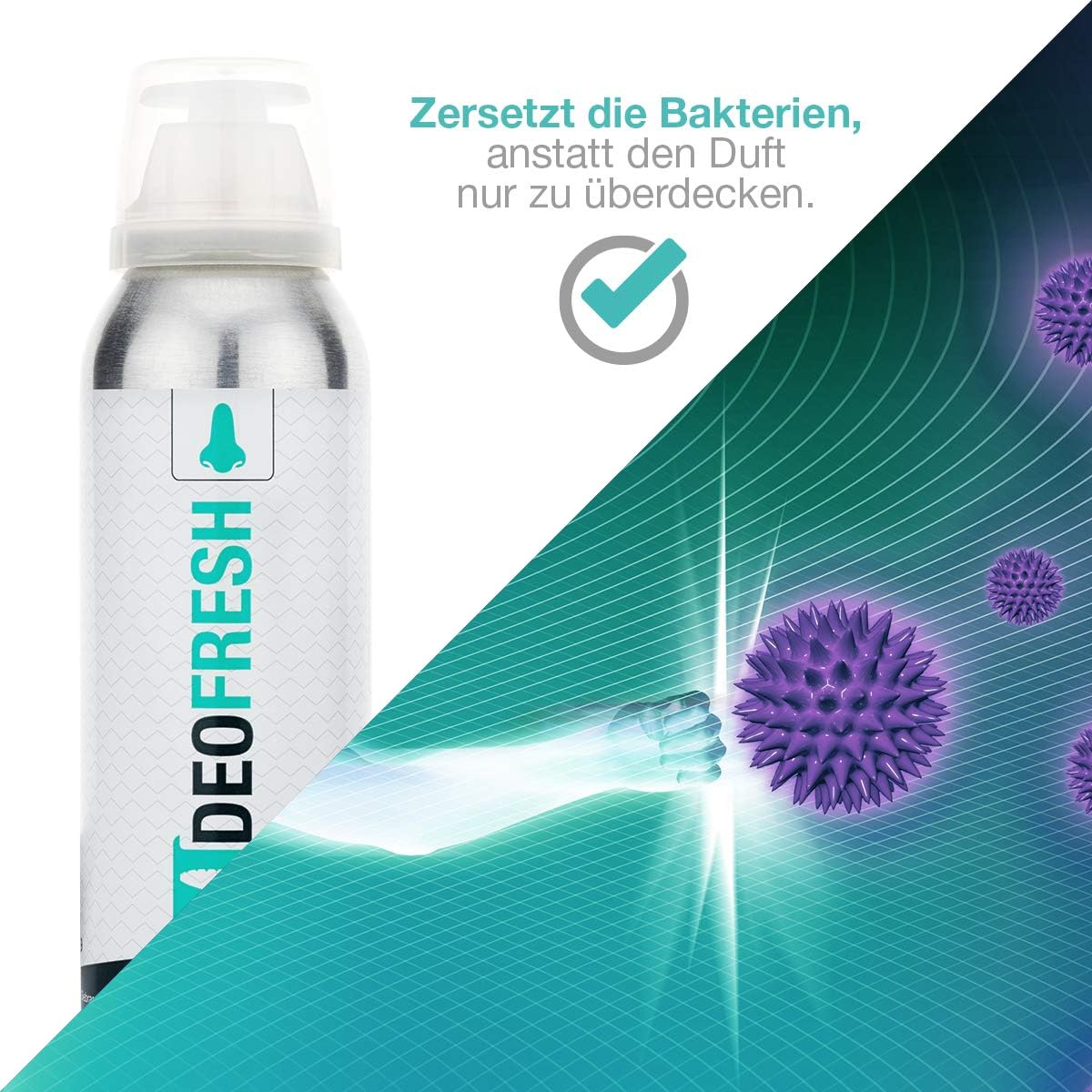 Sneaker Cleaner Schuhdeo Deofresh 125ml mit grafischer Darstellung zur mikrobiologischen Neutralisierung von geruchsverursachenden Bakterien.