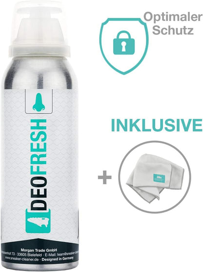 Sneaker Cleaner Schuhdeo Deofresh 125ml mit Hinweis auf optimalen Schutz und inklusive Mikrofasertuch zur Anwendung im Schuh.