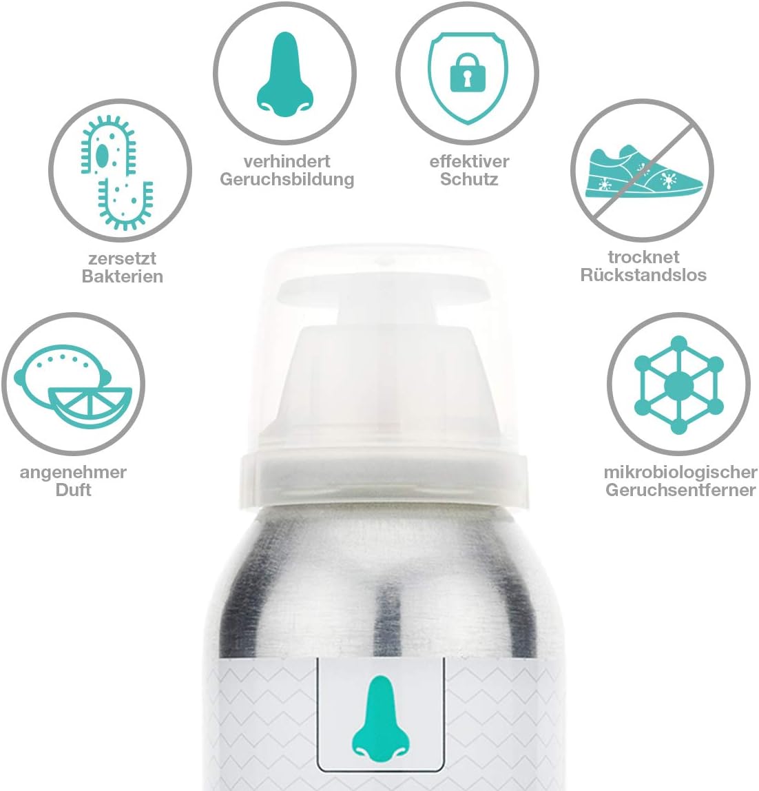 Sneaker Cleaner Schuhdeo Deofresh 125ml mit Icons zu Bakterienabbau, Geruchsprävention, rückstandslosem Trocknen und angenehmem Duft.