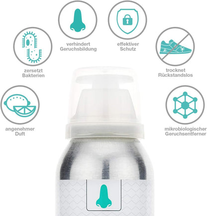 Sneaker Cleaner Schuhdeo Deofresh 125ml mit Icons zu Bakterienabbau, Geruchsprävention, rückstandslosem Trocknen und angenehmem Duft.