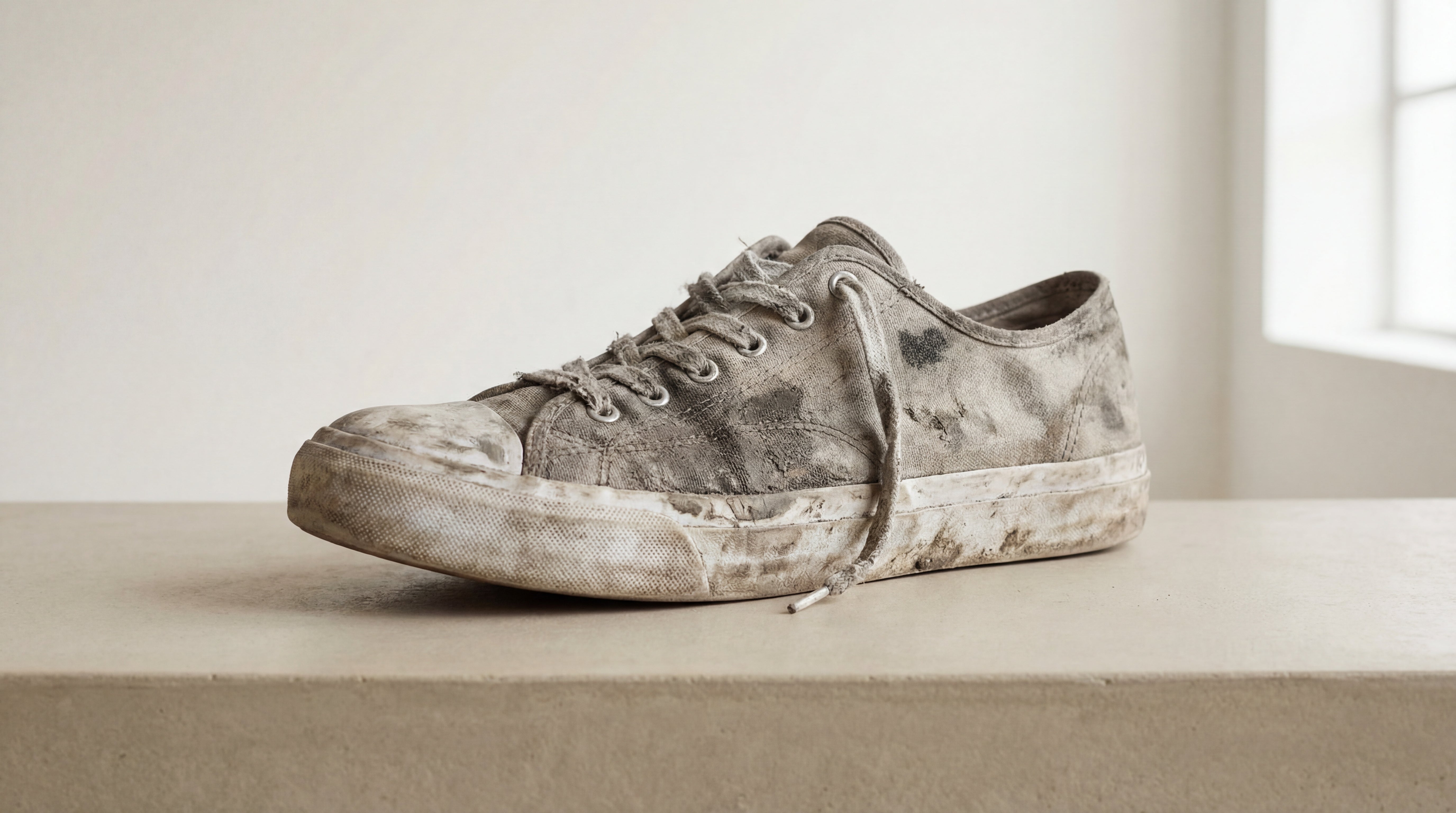 Stark verschmutzter Canvas-Sneaker mit sichtbaren Schlamm- und Gebrauchsspuren auf Obermaterial und Sohle vor der Reinigung.